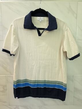 Simply Southern Men's Ivory Polo with Navy Collar and Blue/Green Hem Stripes